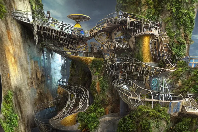 Image similar to favela bunker cathedral coaster hive, art nouveau waterfall environment, industrial factory, terrifying, award winning art, epic dreamlike fantasy landscape, ultra realistic,