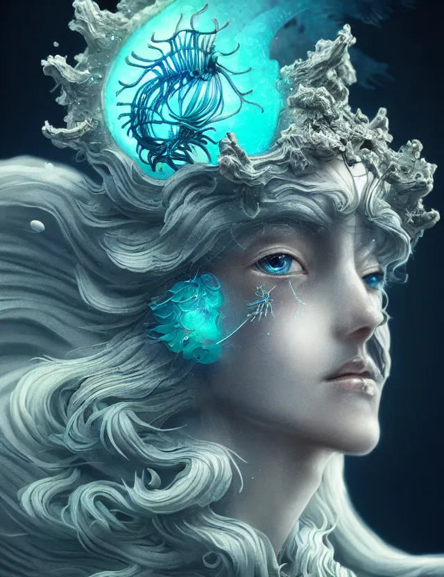 Image similar to goddess macro close - up portrait wigh crown made of ram skull. betta fish, jellyfish phoenix, bioluminiscent, plasma, ice, water, wind, creature, super intricate ornaments artwork by tooth wu and wlop and beeple and greg rutkowski