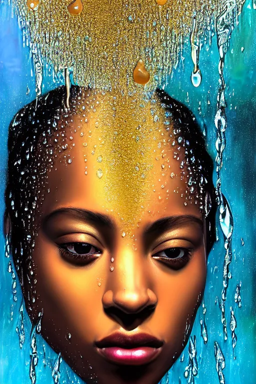 Image similar to hyperrealistic precisionist cinematic profile very expressive! oshun goddess, in water! john everett millais, mirror dripping droplet!, gold flowers, highly detailed face, digital art masterpiece, smooth eric zener cam de leon, dramatic pearlescent turquoise light on one side, low angle uhd 8 k, shallow depth of field