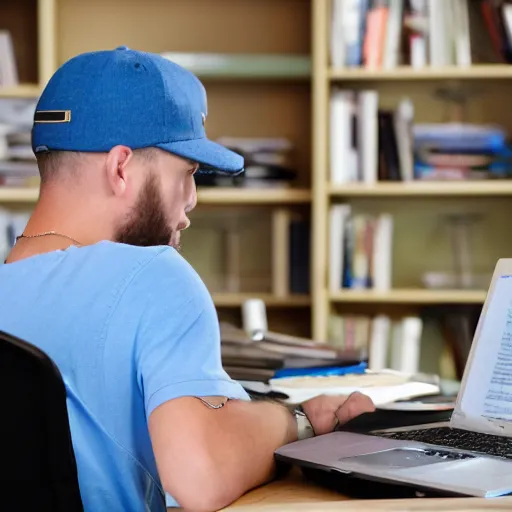 Image similar to back of short college guy with short blonde hair wearing a blue baseball cap and grey shirt sitting in a chair typing an essay on a laptop