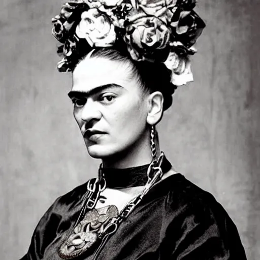 Image similar to frida kahlo with steampunk accessories.