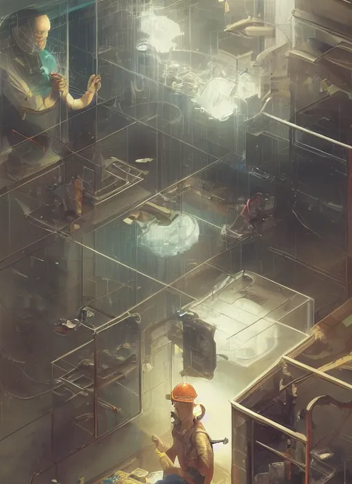 Prompt: electrical contractors let loose, photorealistic by michael komarck, greg rutkowski, victo ngai, artgerm, willem claesz heda and j. dickenson