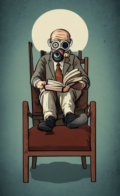 Image similar to old man, work, vintage dress, sittin, chair, book, gasmask, do, what, we, can, then, leave, it, to, god, non fiction, stability, intricate, elegant, 8 k, uhd, justify, content, center, artstation, concept art, matte, sharp focus, illustration, paul, lung