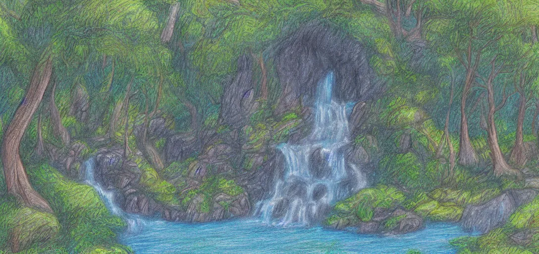 Image similar to Rivendell landscape drawn in crayon, digital painting