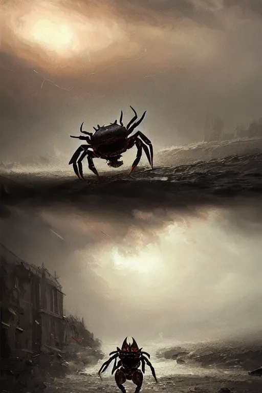Prompt: Hyper realistic painting of a crab in plate armor, hyper detailed, thunderstorm, midnight, volumetric lighting, creepy atmosphere, by greg rutkowski