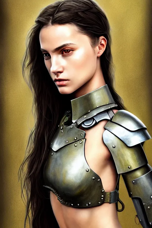 Prompt: a photorealistic painted portrait of an attractive young girl, partially clothed in dull metal-plated battle armor, olive skin, long dark hair, beautiful bone structure, symmetric facial features, perfect eyes, natural physique, intricate, elegant, digital painting, concept art, finely detailed, beautifully illustrated, sharp focus, minimal artifacts, photographic quality, from Metal Gear, by Ruan Jia and Mandy Jurgens and Artgerm and William-Adolphe Bouguerea, in the style of Greg Rutkowski, trending on Artstation, award winning