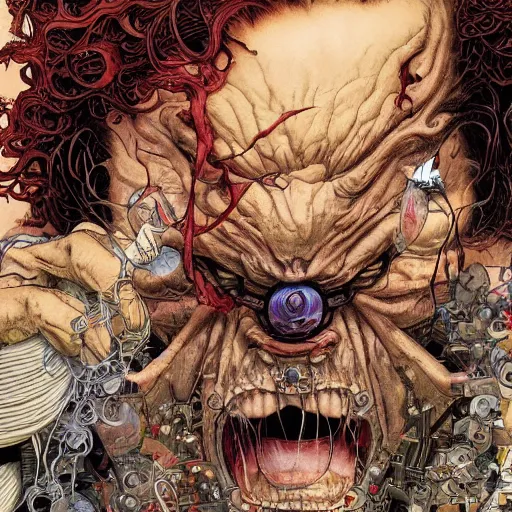 Image similar to closeup of mad scientist, by yoichi hatakenaka, masamune shirow, josan gonzales and dan mumford, ayami kojima, takato yamamoto, barclay shaw, karol bak