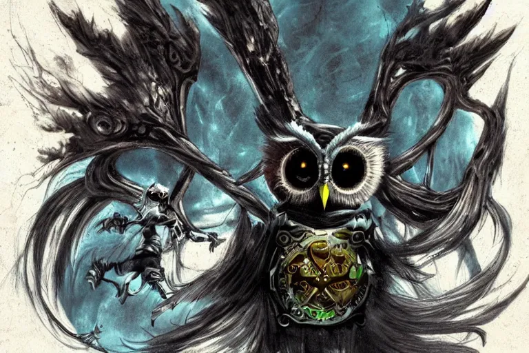 Prompt: the undefeatable, insurmountable, all - seeing enchanting necro - owl of time, able to control all abstractions and elude the physical world through mesmerising quantum - flight. dark night. dark fantasy concept art.