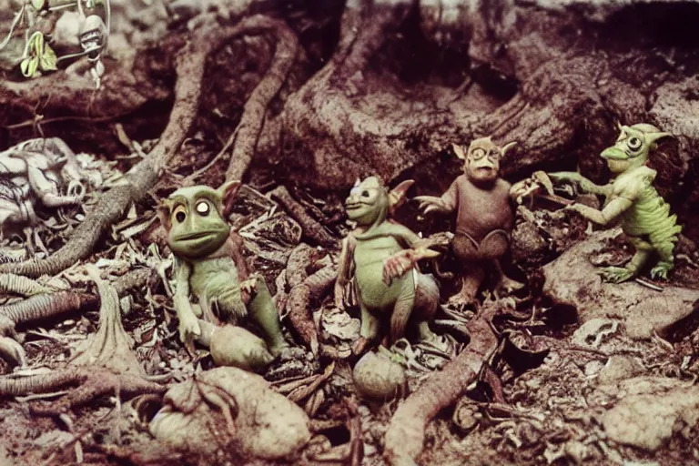 Image similar to autochrome photo of vintage disgusting brown Boglins, plastic goblin monster toys in sewer, kaiju, oni, realistic