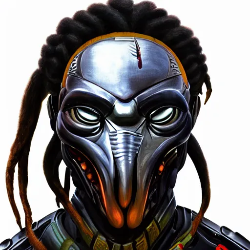 Image similar to digital painting of an alien with dreadlocks and wearing grey high tech armor, The Predator, Yautja, hyperdetailed, trending on Artstation