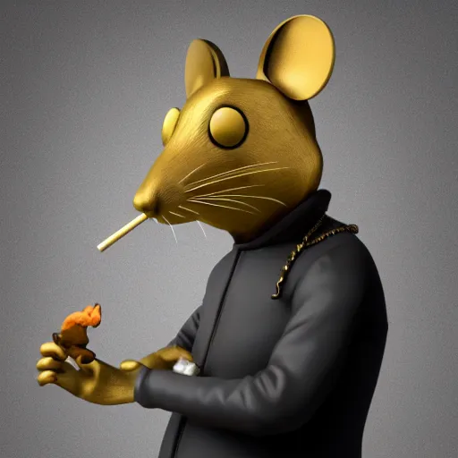 Prompt: rat gangster wearing headphones, wearing a gold chain, smoking a blunt, anthropomorphic, 3d render, blender, 4k