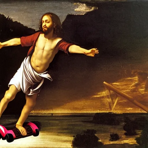 Image similar to Jesus Christ riding a hoverboard across water ,Caravaggio