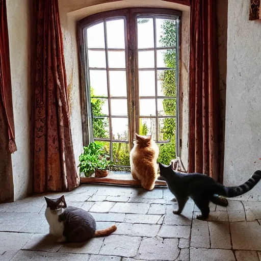 Prompt: very very very very beautiful work of art from wide angle on cat sitting in provence style interior room, matte,