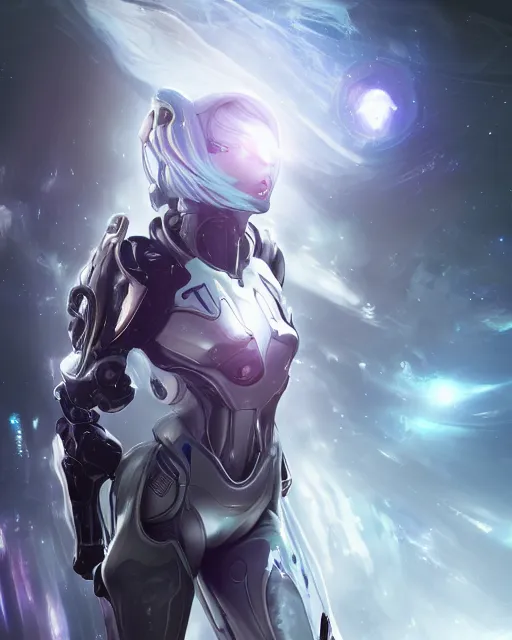 Image similar to perfect android girl on a mothership, warframe armor, beautiful face, scifi, futuristic, galaxy, nebula, raytracing, dreamy, long white hair, blue cyborg eyes, sharp focus, cinematic lighting, highly detailed, artstation, divine, by gauthier leblanc, kazuya takahashi, huifeng huang