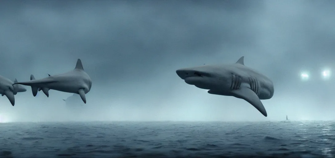 Prompt: a storm of sharks, foggy, cinematic shot, photo still from movie by denis villeneuve, wayne barlowe