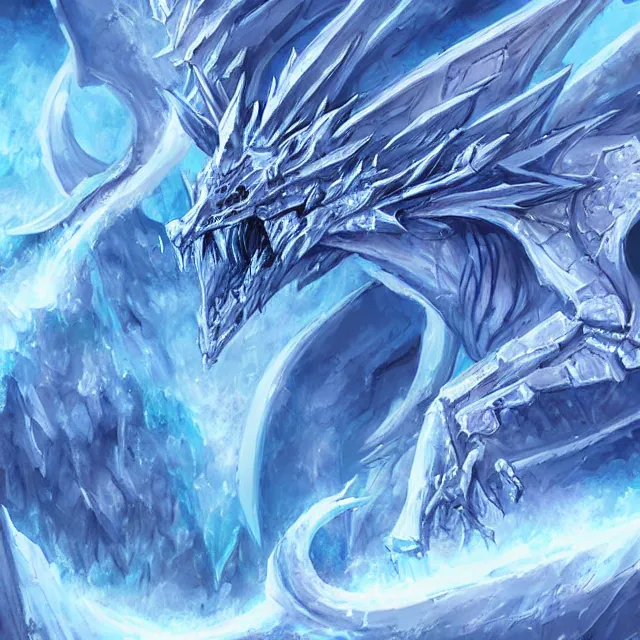 Image similar to a skeletal ice dragon, winter hell blue flames, artwork by Jaemin Kim