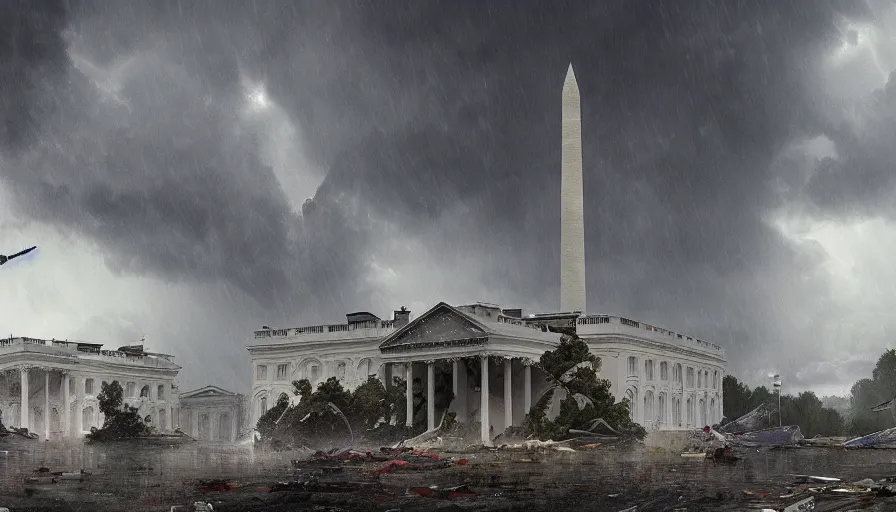 Image similar to washington during tsunami, rain, thunderstorm, destruction, destroyed white house, destroyed capitol, collapsed washington monument, hyperdetailed, artstation, cgsociety, 8 k