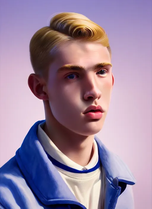 Image similar to portrait of a high school senior boy named moose mason, blonde short hair, jock, beefy, square jaw, square facial structure, 1 9 5 0 s, blue varsity jacket, intricate, elegant, glowing lights, highly detailed, digital painting, artstation, concept art, smooth, sharp focus, illustration, art by wlop, mars ravelo and greg rutkowski