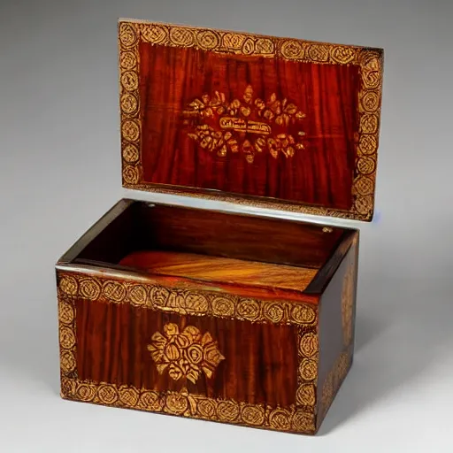 Prompt: edwardian photograph of a fine vizagapatam rosewood and ivory-inlaid workbox, south india, made in 1650, beautiful, ornate, very grainy, slightly blurry, 1900s, 1910s