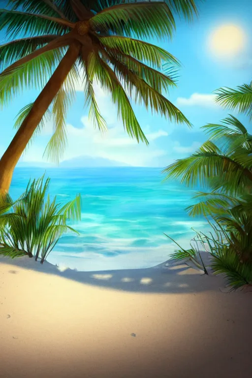 Image similar to a beautiful children ’ s illustration on paper of a beach with coconut palms 8 k, frostbite 3 engine, cryengine, dof, trending on artstation, digital art, crepuscular ray