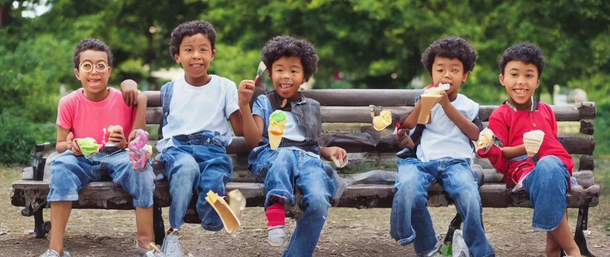 Prompt: a photograph for advertising of three multicultural kids on a bench eating ice cream shot by annie leibovitz, shallow depth of field, background school yard, kodak porto 4 0 0 film stock, zeiss 8 5 mm f 1. 2 color corrected and pts processed