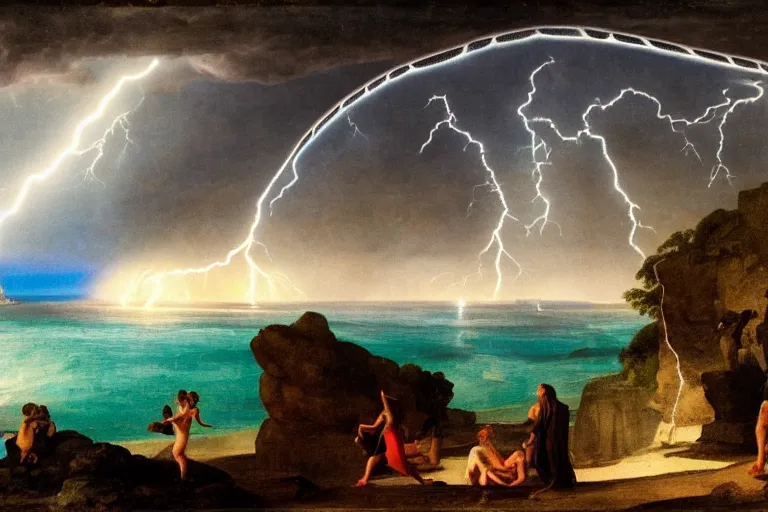 Image similar to The giant greek arch, refracted lightnings on the ocean, thunderstorm, greek pool, beach and Tropical vegetation on the background major arcana sky and occult symbols, by paul delaroche, hyperrealistic 4k uhd, award-winning, very detailed paradise