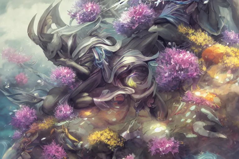 Prompt: dynamic composition, motion, ultra - detailed, incredibly detailed, a lot of details, amazing fine details and brush strokes, colorful and grayish palette, smooth, hd semirealistic anime cg concept art digital painting, watercolor oil painting of sea of flowers, in style of cytus and deemo, blue flame, relaxing, calm and mysterious vibes