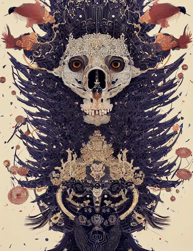 Image similar to the yey of god portrait with mask and crown made of ram skull. beautiful intricately detailed japanese crow kitsune mask and clasical japanese kimono. betta fish, jellyfish phoenix, bioluminescent, plasma, ice, water, wind, creature, super intricate ornaments artwork by tooth wu and wlop and beeple and greg rutkowski