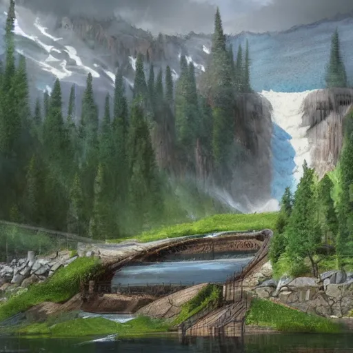 Prompt: A stone lake dam high in the mountains. The dam is broken in the middle creating a waterfall that overflows the river below. .Fantasy, concept art, sharp focus, artstation