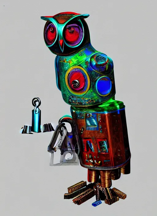 Prompt: colored pencil and pen drawing of an animatronic robot owl, bird made from rusty old keys and padlocks, cosmic background, 8 k photorender realityengine