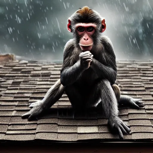 Prompt: movie still of a monkey playing banjo on a rooftop in the rain, hyper realistic, dark, gothic, nightcore, 4 k, highly detailed, beautifully rendered