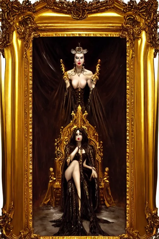 Image similar to perfectly centered portrait of beautiful vampire queen in gold gothic robe sitting on a throne of bones, painting by gaston bussiere, craig mullins, j. c. leyendecker, 8 k, mid shot