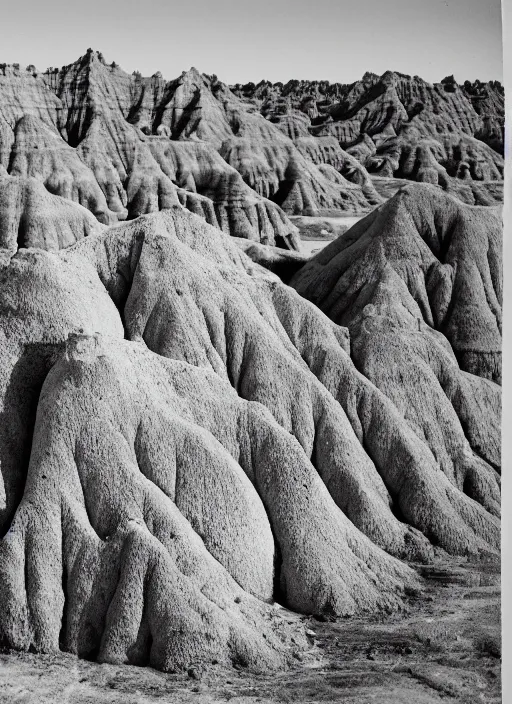 Image similar to Badlands rock formations protruding out of lush desert vegetation, albumen silver print by Timothy H. O'Sullivan.