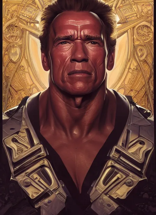 Image similar to symmetry!! arnold schwarzenegger, machine parts embedded into face, intricate, elegant, highly detailed, digital painting, artstation, concept art, smooth, sharp focus, illustration, art by artgerm and greg rutkowski and alphonse mucha, 8 k