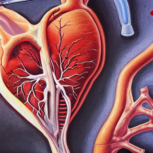 Image similar to dramatic oil in canvas of the anatomy of heart, very detailed