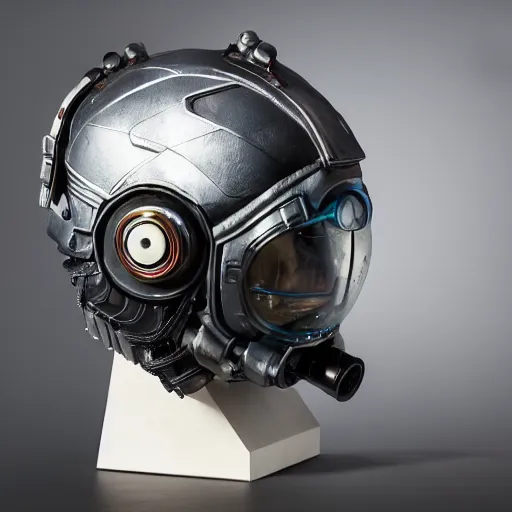 Image similar to cyberpunk mediaval mechanical helmet with side intircate hoses looking straight by Vitaly Bulgarov, front view