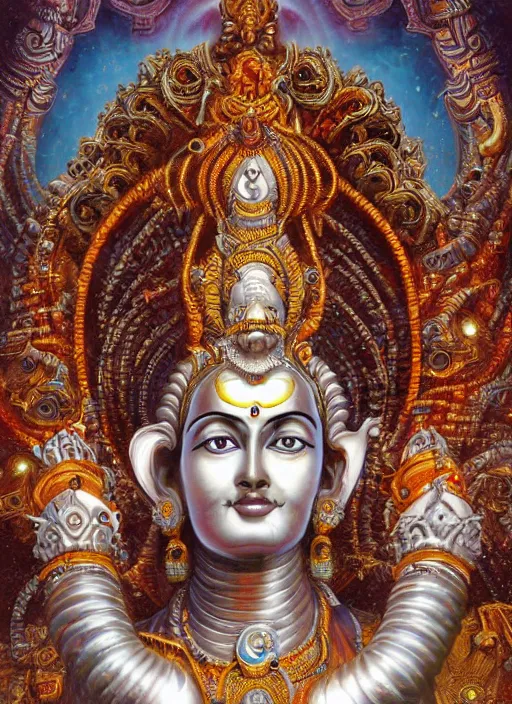 Image similar to highly detailed picture of cybertronic statue of shiva in a hindu temple, edge of the universe, perfectly symmetrical face, elegant, centered, digital painting, artstation, concept art, smooth, sharp focus, illustration, golden ratio, perfect symmetrical, intricate, by boris vallejo, masterpiece, book by gene wolfe, highly detailed painting by gustave dore