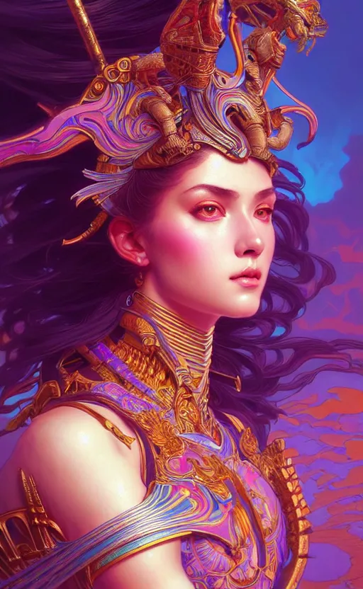 Image similar to hyper detailed ultra sharp of a beautiful warrior girl. trending on artstation, vaporwave aesthetic, synthwave, colorful, psychedelic, ornate, intricate, digital painting, concept art, smooth, sharp focus, illustration, art by artgerm and greg rutkowski and alphonse mucha, 8 k