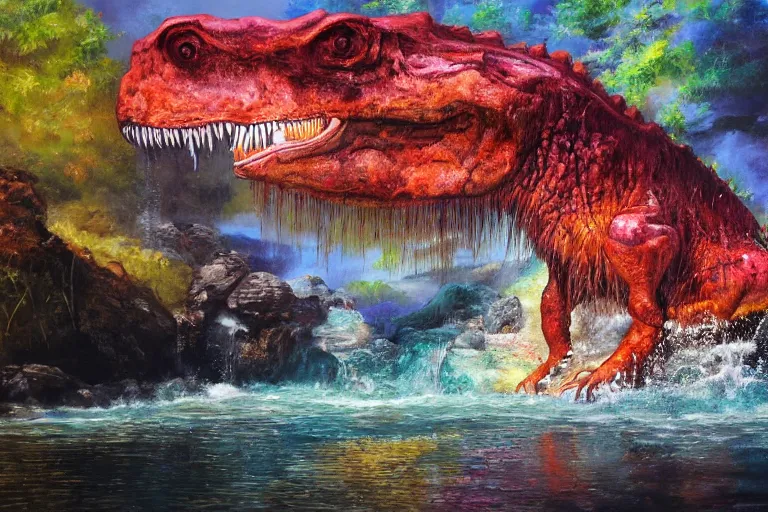 Image similar to highly detailed oil painting of a tyrannosaurus sitting in a steaming colorful hotspring stream, featured on artstation