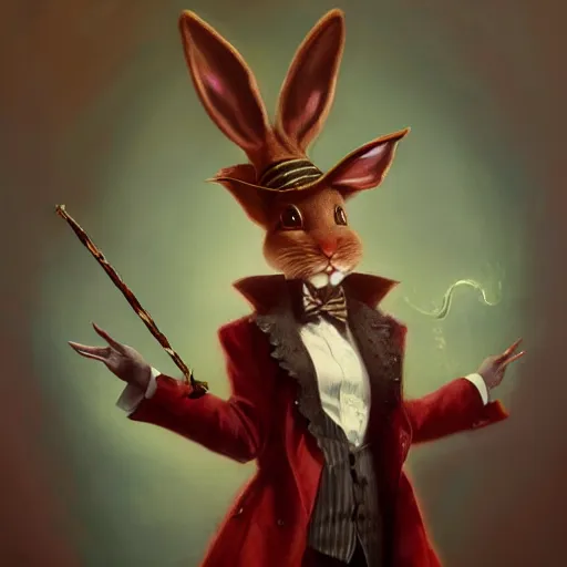 Image similar to oil painting of an anthropomorphic rabbit dressed like a female magician with long ears, holding a top hat and a magic wand, urban fantasy art by seb mckinnon, artstation npc character design, top - rated