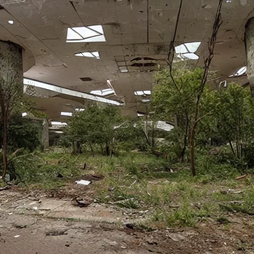 Prompt: a post-apocalyptic abandoned 1990s mall, lush overgrowth