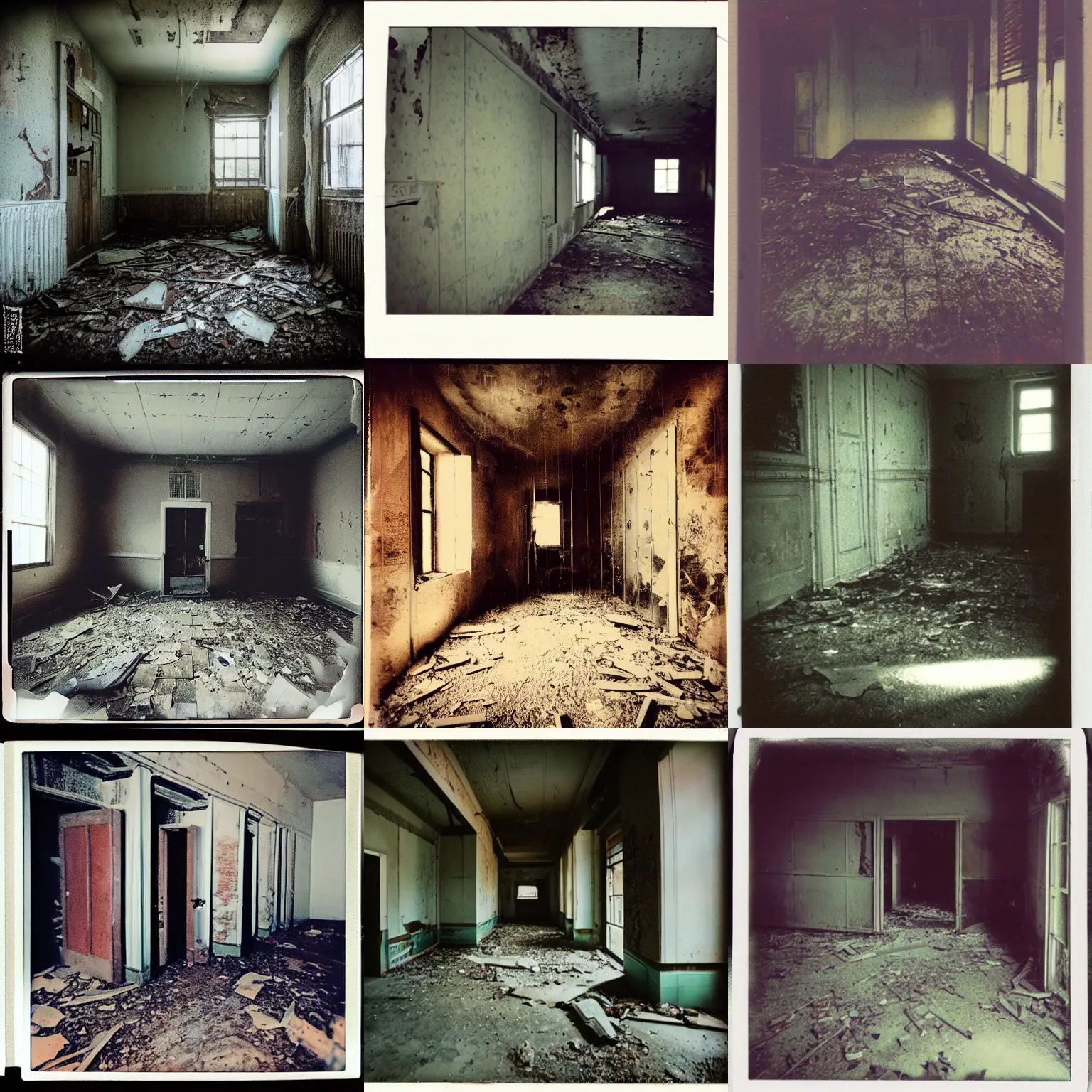 Prompt: polaroid of the interior of an abandoned school, ghost in a doorway, sad, depressing, creepy, bad lighting