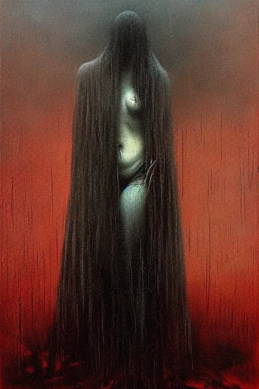 Image similar to queen of darkness painting in the style of beksinski, violent, beautiful, atmospheric, rain, high detail, ultra realistic