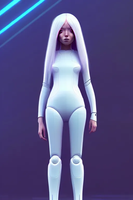 Prompt: upright and straight android women, scifi, futuristic design, full body model, long white hair, character design, cinematic lighting, highly detailed, by beeple, goro fujita, smooth gradient.