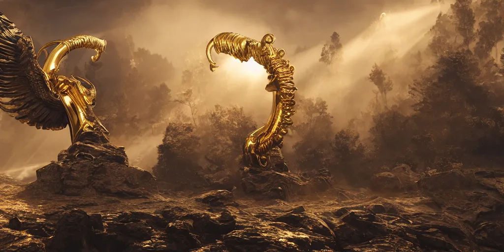 Image similar to bird wings, gold ram horns, copper goat skulls, grand imposing powerful sculpture. swirls of mist. sunrise, intense light beams, lens flare. occult photorealism, uhd, amazing depth, volumetric lighting, cinematic lighting. epic landscape.