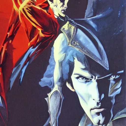 Image similar to photorealistic picture, by bob peak and alex ross, castlevania movie poster in 1 9 9 4, gouache and wash paints, fine details, fine intricate, fine facial proportionate, fine body proportionate, fine fix broken line, fine fix duplicate line, smooth focus, sharp details, bokeh, 4 k, 5 k extreme ly details