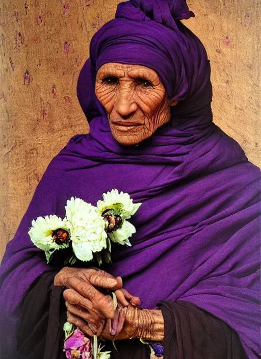 Prompt: portrait of a old woman, tuareg, nomads, many peonies, vultures, dark background, purple colour scheme, full length, masterpiece, dark background, art by caravaggio