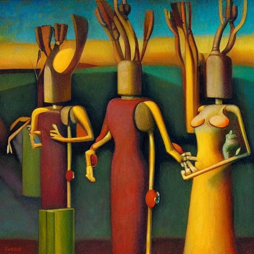 Prompt: robot druids in a grand processional, grant wood, pj crook, edward hopper, oil on canvas