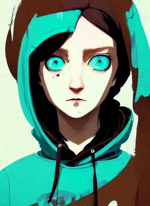 Image similar to highly detailed portrait of a urban punk lady student, blue eyes, hoodie, white hair by atey ghailan, by greg rutkowski, by greg tocchini, by james gilleard, by joe fenton, by kaethe butcher, gradient green, black, brown and teal color scheme, grunge aesthetic!!! ( ( graffiti tag wall background ) )