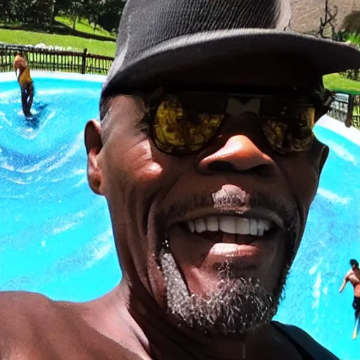 Image similar to high-quality selfie taken by Samuel L Jackson while he goes down a waterslide